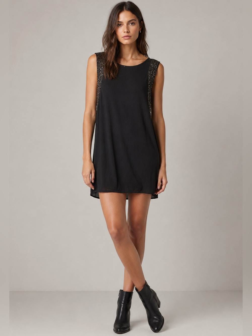 All Saints Nela Embellished Black Sleeveless Dress US 6 Beaded Festival Tunic